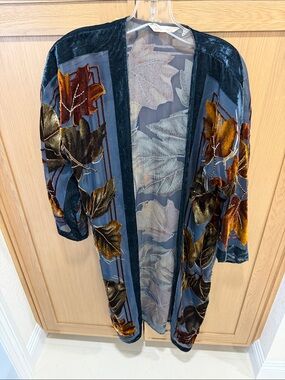 Soft Surroundings Navy Floral Burnout Duster with Gold and Brown Accents